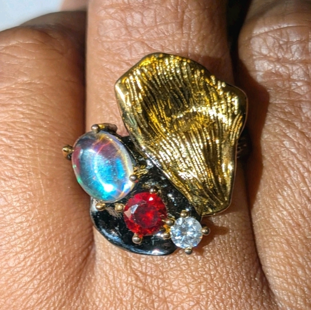 Ladies 925 Gothic Black Moonstone Lab Created Diamonds Ring unisex